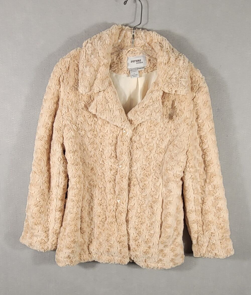 Sisters Outerwear Faux Fur Rose Swirl Rosette Button Coat Womens Large